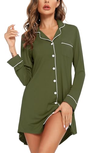 Samring Nightgowns for Women Long Sleeve Button Down Night Gown Sleepshirts - color: Army Green, size: XX-Large
