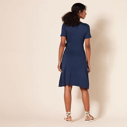 Amazon Essentials Women's Short Sleeve V Neck Faux-Wrap Dress, Fitted - color: Navy, size: Large