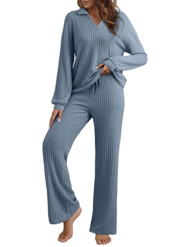 EVALESS Womens Pajama Sets Long Sleeve Sleepwear Matching Drawstring Elastic Pj Pants Ribbed Knit 2 Piece Lounge Set - color: Beau Blue, size: X-Large