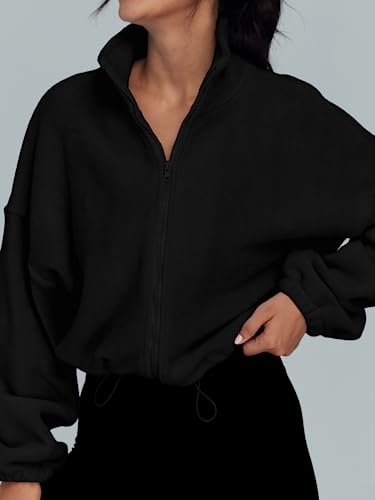 AUTOMET Womens Fleece Jackets Zip Up Oversized Cropped Sweatshirts - color: Black, size: Medium