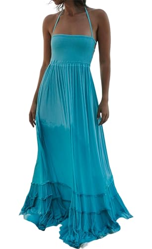 R.Vivimos Womens Summer Boho Sexy Backless Long Dresses - color: Aquablue, size: Medium