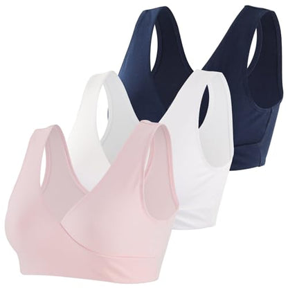 Women's Cotton Wireless Sleep Bra for Nursing and Maternity - color: Pink+white+navy Blue, size: XX-Large