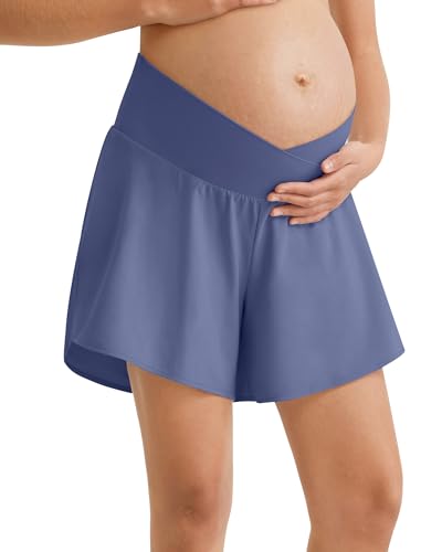 G4Free Chillwhisp Maternity Athletic Shorts Cross Waist Pregnancy Shorts - color: Dusky Purple, size: Small