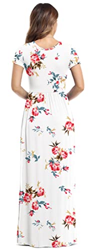 VIISHOW Women's Short Sleeve Loose Plain Maxi Dresses Casual Long Dresses with Pockets - color: 1-flower-white, size: Large
