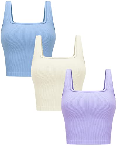 Womens 3Pk Crop Tank Tops Square Neck Workout Top - color: Beige + Light Blue + Lavender, size: Small