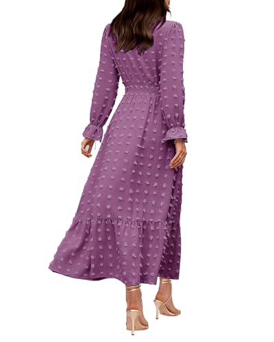 CzzzyL Women Nursing Boho Maxi Dress Swiss Dot Smocked with Pockets - color: Purple, size: Medium