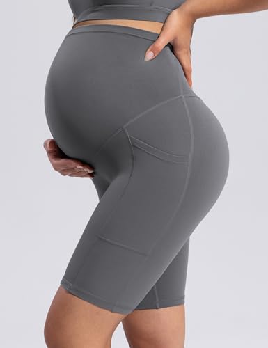 POSHDIVAH Creamluxe Maternity Biker Shorts with Pockets 6"/8" - color: Charcoal Gray, size: Medium
