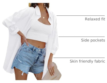 FSHAOES Womens Oversized Button Down Shirts Casual Loose Long Sleeve Solid Lapel Long Blouses Tops with Pockets - color: 01-white, size: X-Large