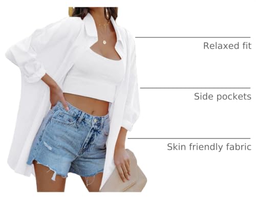 FSHAOES Womens Oversized Button Down Shirts Casual Loose Long Sleeve Solid Lapel Long Blouses Tops with Pockets - color: 01-white, size: Small