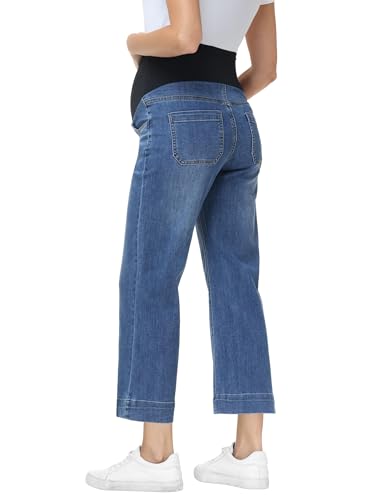 Foucome Women's Maternity Jeans Wide Leg Pregnancy Capris - color: Dark Blue, size: Small