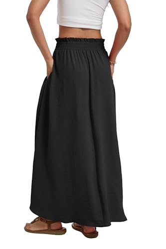 Womens Maxi Skirt with Pockets Elastic Waist Pleated A Line Summer - color: A01-black, size: Small