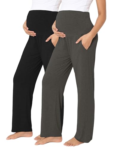 Viscose from Bamboo Maternity Wide Leg Lounge Pajama Pants - color: 2pc Black/Dark Grey, size: Medium