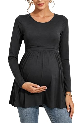 Women's Maternity Tops Pleated Waist Shirts Pregnancy Tunic Clothes - color: Deep Grey, size: Medium