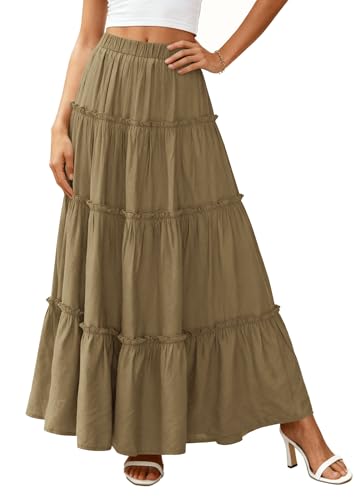 PRETTYGARDEN Women's Boho Tiered Ruffle Flowy Maxi Skirt - color: Army Green, size: Medium
