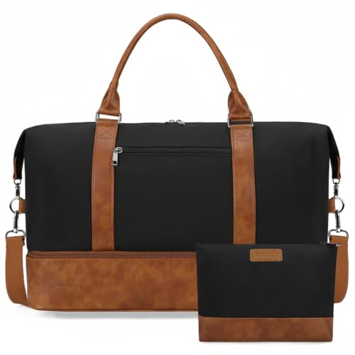 Oeihuivt Weekender Bags for Women - 21 Inch Large Travel Duffel Bag 2-Piece Set with Shoe Compartment, Heavy-Duty Canvas & Leather Carry On Overnight Tote (Airplane Approved) - color: Brown-Black