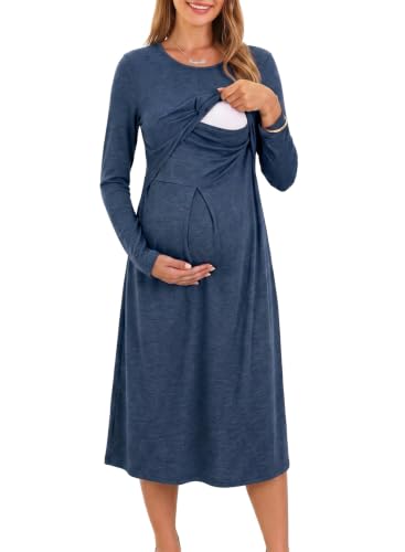 BLENCOT Maternity Nursing Midi Dress Twist Knot Pull Up Feed Postpartum - color: Dusk Blue, size: Medium