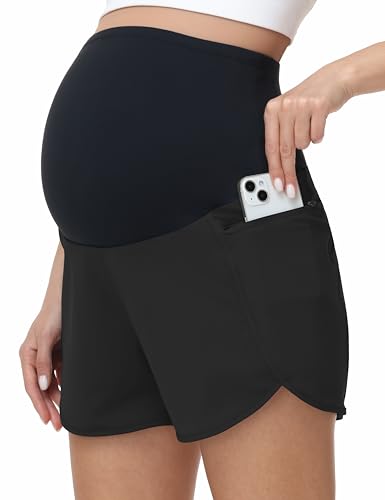 Foucome Womens 2 in 1 Maternity Athletic Shorts with Zipper Pocket - color: Black, size: Small