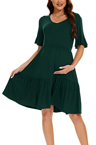 Smallshow Women's Maternity Dress Ruffle Short Sleeve Pregnancy Clothes - color: Deep Green, size: XX-Large