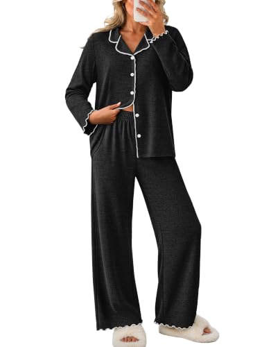WIHOLL Women's Pajamas Sets Cute Ruffle Long Sleeve Button Up 2 Piece Pjs - color: Black, size: X-Large