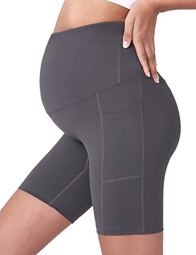 POSHDIVAH Maternity Biker Shorts Over the Belly with Pockets 5"/8" - color: Grey, size: Medium