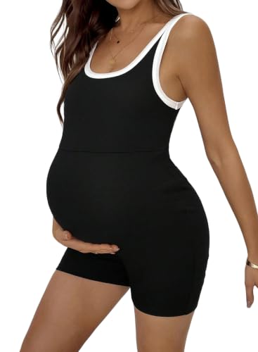 BLENCOT Maternity Stretchy Romper Summer Sleeveless Round Neck Jumpsuit - color: Black, size: Small