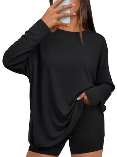 Trendy Queen Womens Oversized Side Slit Long Sleeve Shirts Fall Tops - color: Black, size: Large