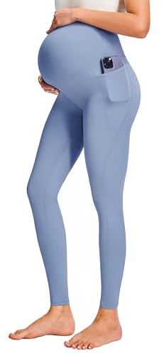 JOYSPELS Smooth Feeling Maternity Workout Leggings with Pockets Pregnancy Pants Over The Belly - color: Light Blue, size: Medium