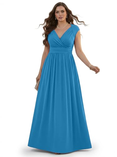 KOH KOH Womens Long Elegant Evening Bridesmaid Flowy Cap Sleeve Maxi Dress - color: Blue Teal Quartz, size: Small