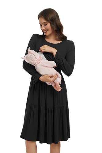 Smallshow Women's Ruffle Maternity Nursing Dress Long Sleeve - color: Black, size: Medium