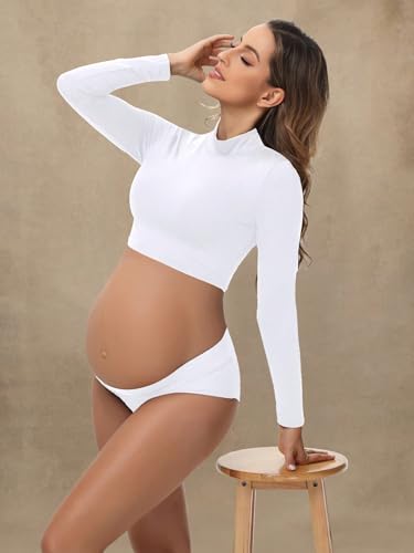 Women's Maternity High Collar Long Sleeves Pullover Tops - color: White, size: Small