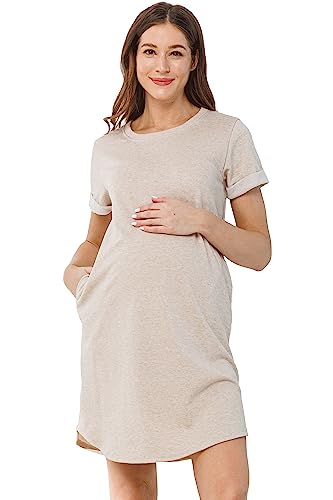 LaClef Womens Short Sleeve Maternity T-Shirt Dress with Pockets - color: Oatmeal, size: X-Large