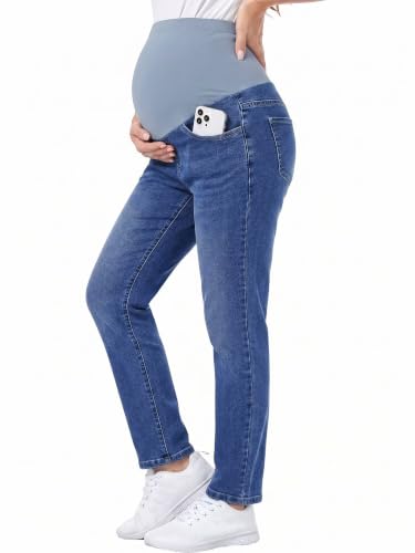 Yoklass Over The Belly Maternity Jeans Long Pants with Pockets - color: A02: Blue, size: X-Large