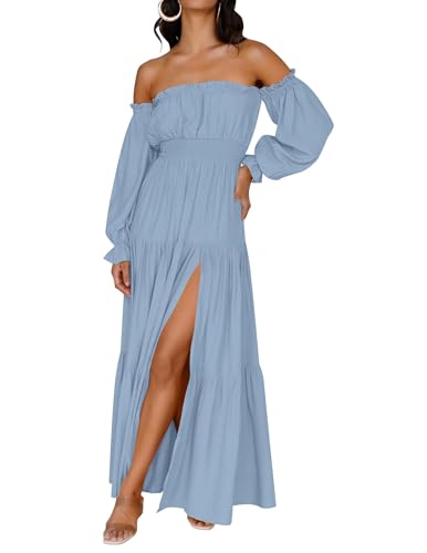 ZESICA Womens Fall Long Sleeve Boho Off Shoulder Maxi Dresses - color: Light Blue, size: Small