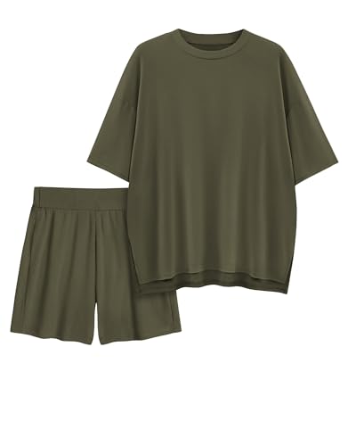 Womens 2 Piece Lounge Sets 2026 Summer Travel Outfits Casual Short Sleeve Oversized Tshirts Tops Biker Shorts - color: Army Green, size: X-Large