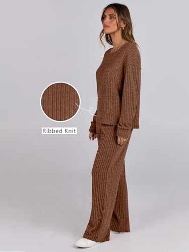 ANRABESS Women 2 Piece Lounge Pajamas Sets Casual Fall Outfits - color: Brown, size: Medium
