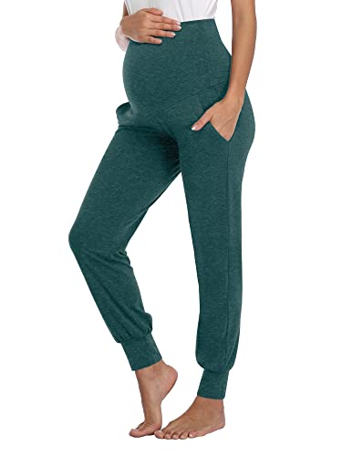 AMPOSH Women's Maternity Pants Stretchy Lounge Workout Sweatpants Casual Loose Comfy Pregnancy Joggers with Pockets - color: Heather Hunter Green, size: Medium