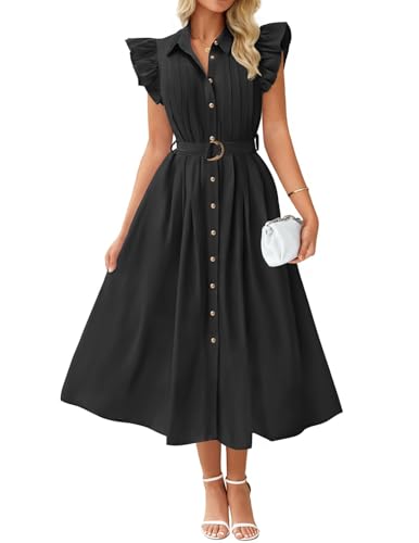 ZESICA Womens Summer Button Midi Dress Casual Work Dresses - color: Black, size: X-Large