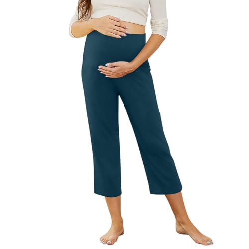 Maternity Capri Pants, Over The Belly Pregnancy Pants with Pocket - color: Blue, size: Medium