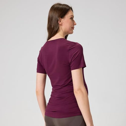 netdraw Buttery Soft Bamboo Viscose Maternity T Shirt, Pregnancy Short Sleeve Side Ruched Casual Tops - color: Claret, size: Large