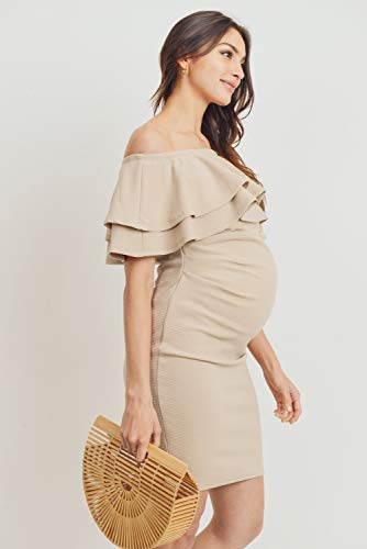 LaClef Women's Off Shoulder Maternity Dress with Double Ruffle - color: Taupe Solid, size: Medium