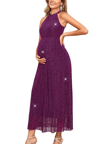 AISWI Maternity Sparkly Mesh Dress Halter Neck Sleeveless A Line Pregnancy Dresses Semi Formal Baby Shower Photoshoot - color: Rose Purple, size: X-Large