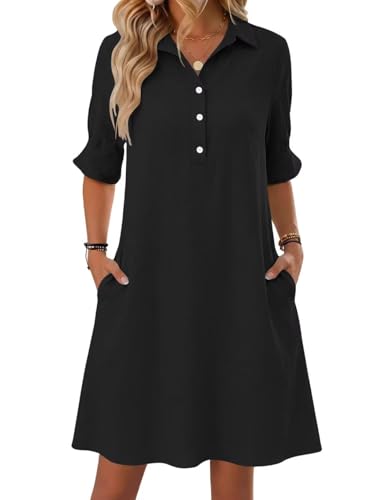 FEKOAFE Womens Casual Dress V Neck Short Sleeve Shift Dresses with Pockets - color: Aa-black, size: Small