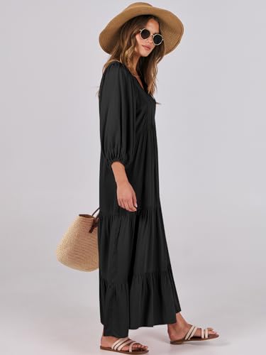 ANRABESS Womens Boho Floral 3/4 Puff Sleeve Maxi Dress - color: Black, size: Medium