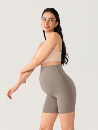 MOMANDA Seamless Maternity Biker Shorts 6" - color: Khaki Taupe, size: Medium