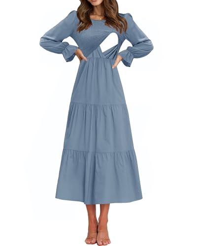 CzzzyL Women's Nursing Dress Smocked Bodice Ruched Midi with Pockets - color: Blue, size: Medium