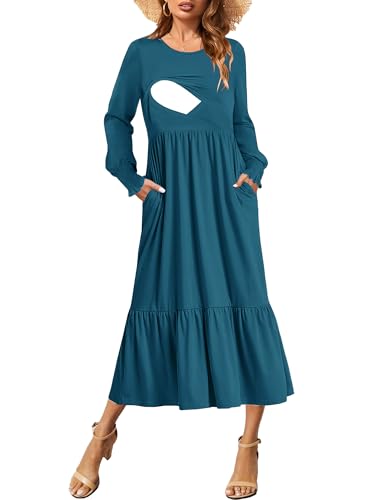 CzzzyL Women Nursing Dresses Crew Neck Fall Maternity Tiered with Pockets - color: Blue, size: Medium
