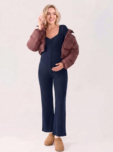BLENCOT Maternity Ribbed Jumpsuit Long Sleeve Square Neck Stretchy Romper - color: Navy Blue, size: Small