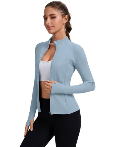 Rapbin Women's Full Zip Workout jackets Runing Slim Fit Athletic Tops With Thumb Holes - color: Blue, size: X-Large