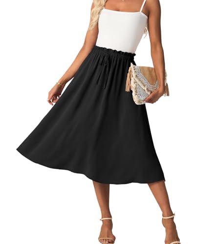 FREEOAK High Waist Skirts for Women Below Knee Casual Flowy Summer Midi Skirts Palazzo A-Line Long Skirt with Pockets - color: A - Black, size: Medium