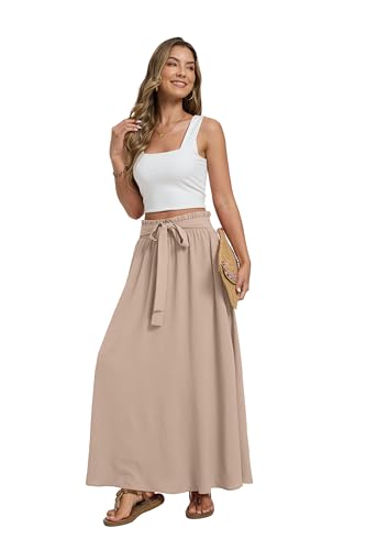 Womens Maxi Skirt with Pockets Elastic Waist Pleated A Line Summer - color: Coffee Gray, size: Small